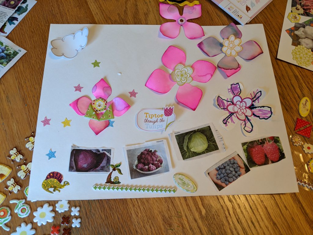 Collage with photos of fruit and vegetables, and paper flowers